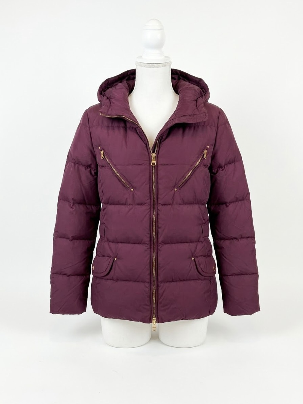Ralph Lauren Hooded Quilted Puffer Jacket in Deep Plum with Gold Hardware